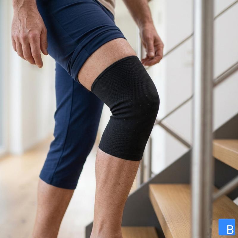 Eine Person in dunklen Shorts trägt die schwarze Bort Kniebandage und steigt eine Holztreppe hinauf.